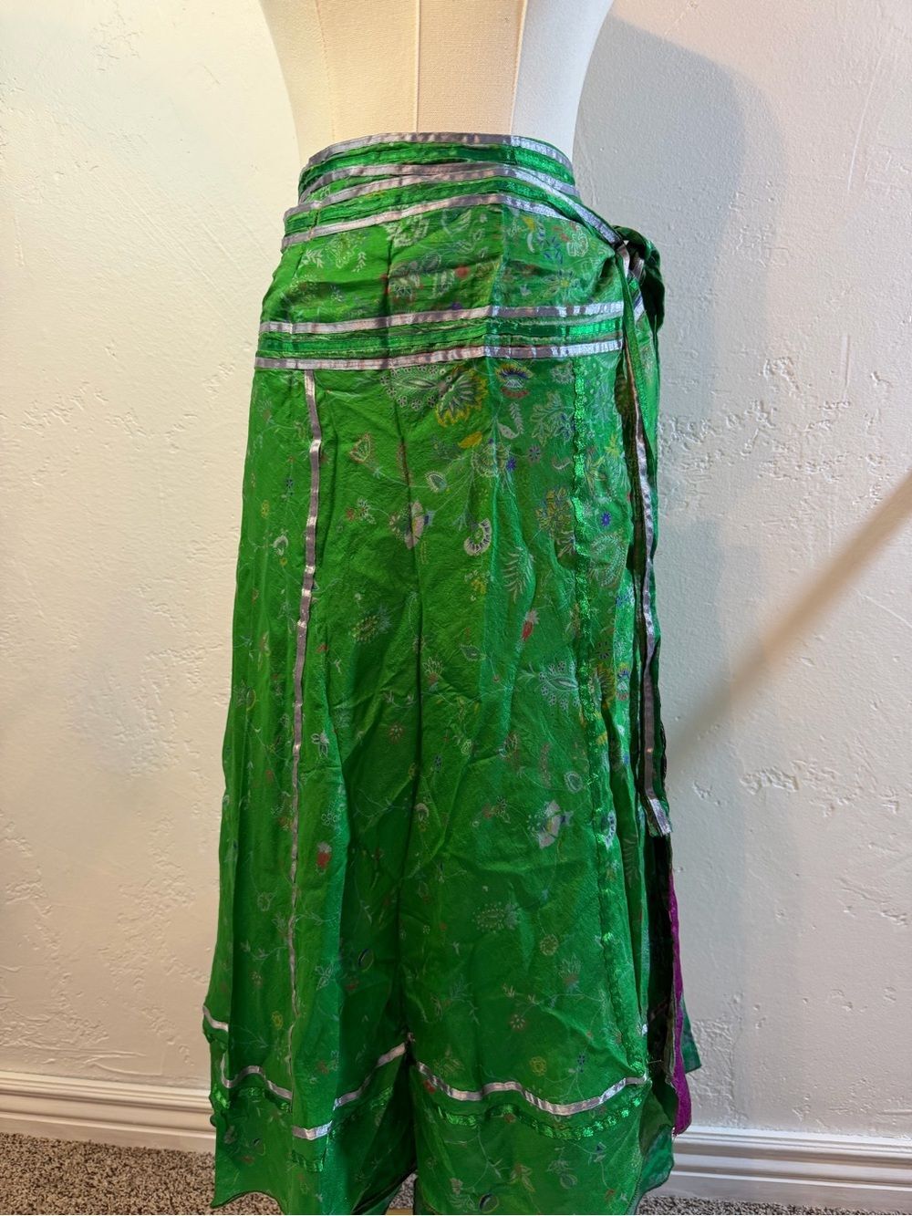 100% SWIM Green Floral Wrap Skirt with Metallic Trim